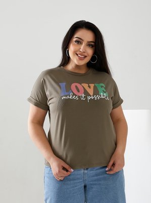 Жіноча футболка LOVE колір світлий хакі р.56/58 432482 432436 фото