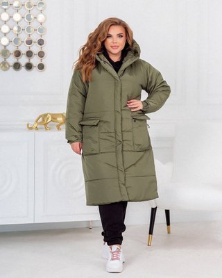 Жіноча тепла куртка-пальто з капюшоном колір хакі р.42/44 448985 449026 фото