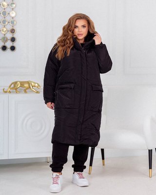 Жіноча тепла куртка-пальто з капюшоном колір чорний р.42/44 448984 449027 фото