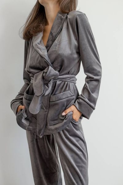 Жіноча піжама велюр Eva на запах сірого кольору р.L 442559 442554 фото